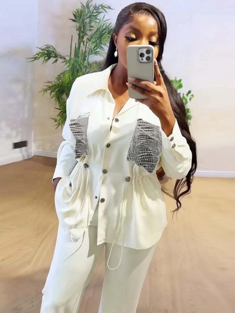 Wmstar Two Piece Set Women Wholesale Stylish Cinched Waist Shirt Long Sleeved Cardigan Long Pants Fancy Club Outfits Summer