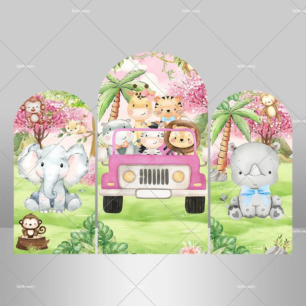 

Девушки Сафари Джунгли День Рождения Арка Фон Крышка Вождение Автомобиля Животные Розовое Дерево Фотофоны Двусторонние