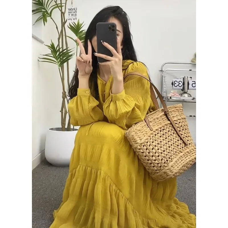 

Plus Size plus Size Women's Yellow A-Line Dr Conceals Belly Anti-Aging Slimming High Waist Gored Skirt Casual Spring Long Sve...