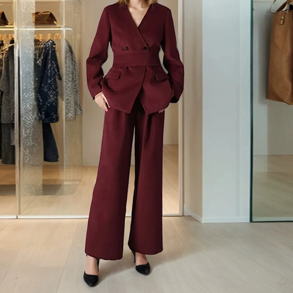 

Fashionable temperament 2025 autumn new style elegant casual waist top loose wide-leg pants two-piece set-GZXX910