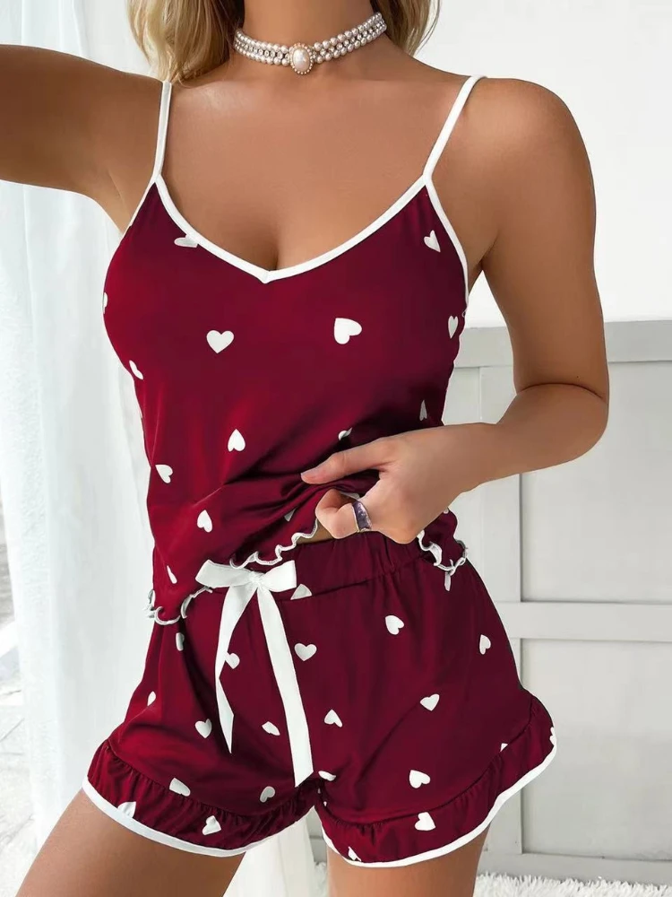 New Sexy Heart-shaped Printed Vest Lace Shorts Women's Home Wear Two-piece Set Summer Pajamas Set Plus Size Vest Shorts Lingerie