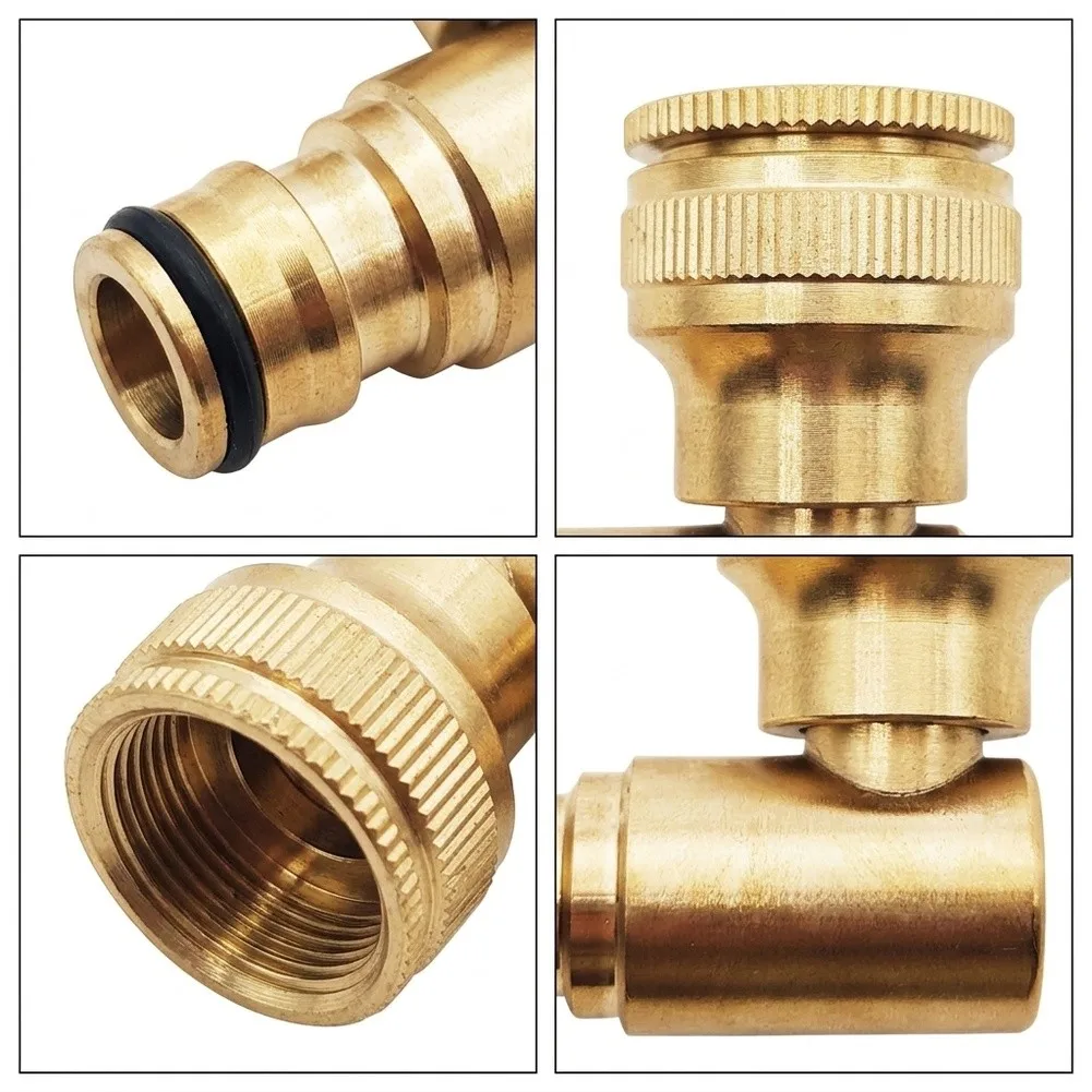 Brass Angled Faucet Connector for Outdoor Hose Use with Dual Female Thread Compatibility 1/2 inch and 3/4 inch