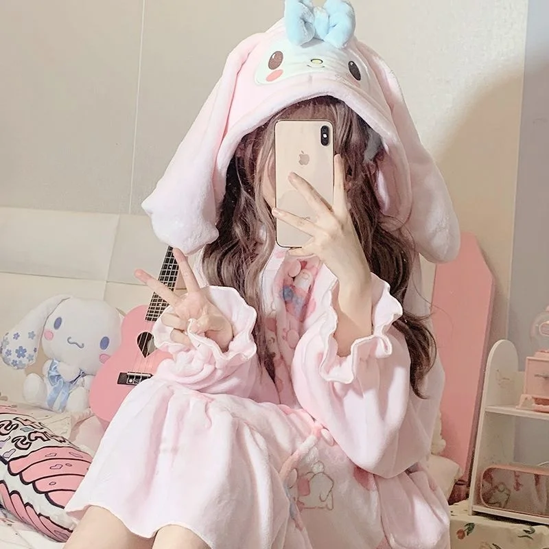 Sanrio My Melody Plush Pajamas Suit Kawaii Cartoon Print Soft Pajamas Dress Loose Cardigan Pant Two Piece Set For Women