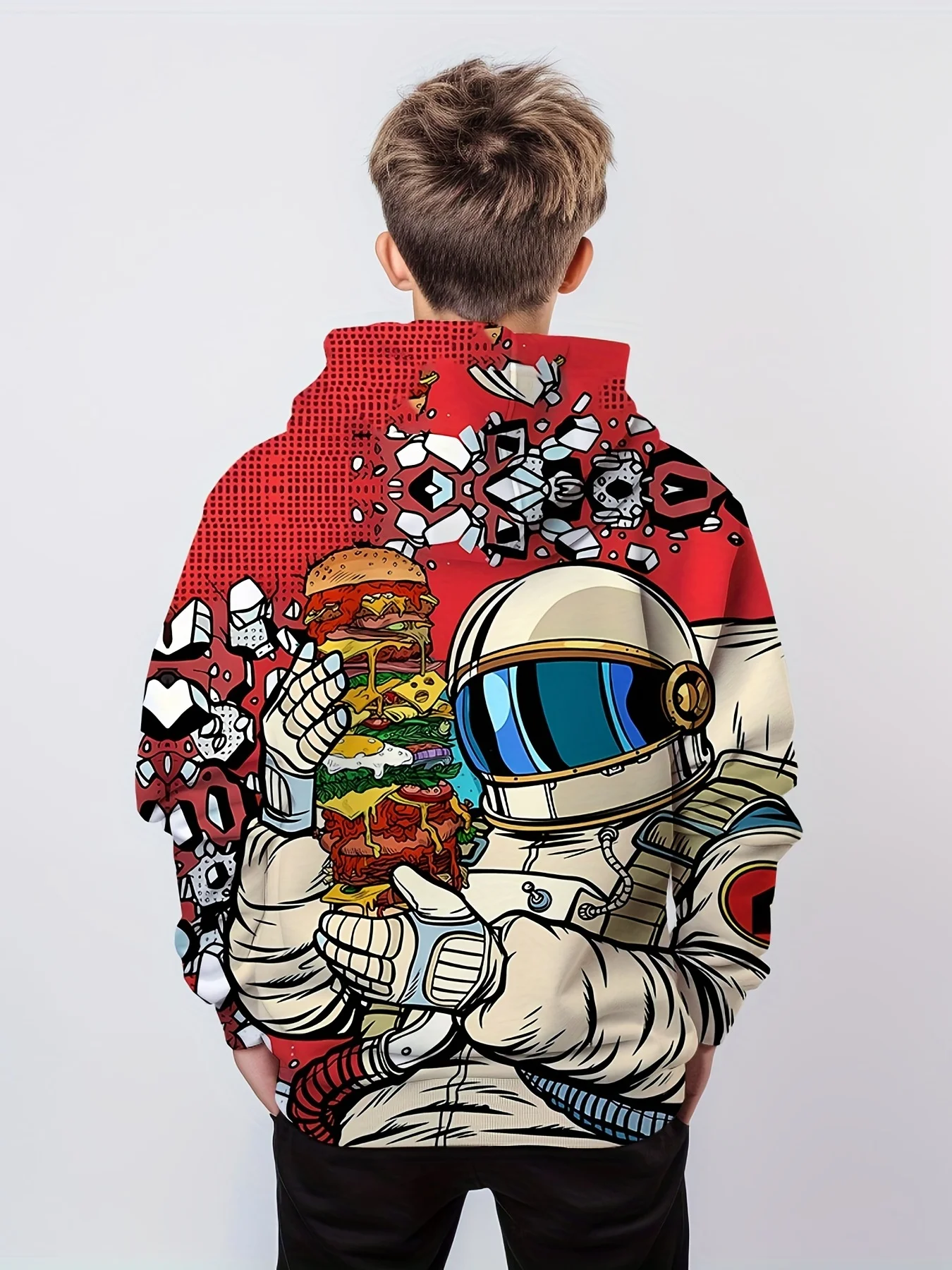 Funny Astronaut Eating Hamburger 3d Print Boys Casual Pullover Hooded Long Sleeve Sweatshirt For Spring Fall, Kids Hoodie Tops O