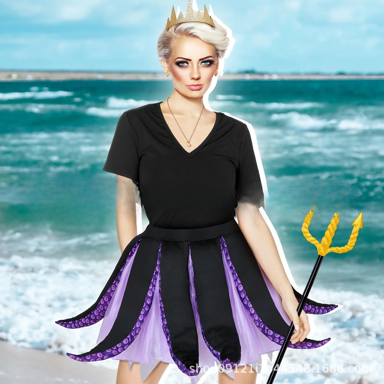 

Black Purple Sea Witch Ursula Cosplay Dress for Women Short Sleeve Octopus Tentacles Costume for Halloween Mermaid Fancy Dress