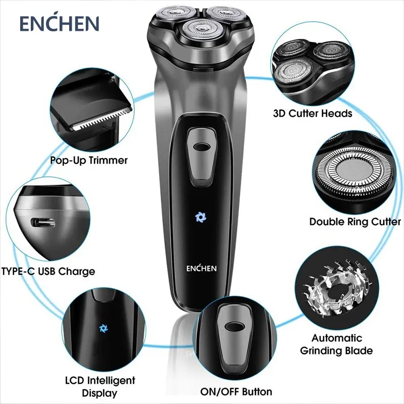 ENCHEN 블랙스톤 남성용 전기 회전 면도기, 3D 플로팅 블레이드, 세척 가능한 C타입 USB 충전식 수염 면도기 썸네일 2