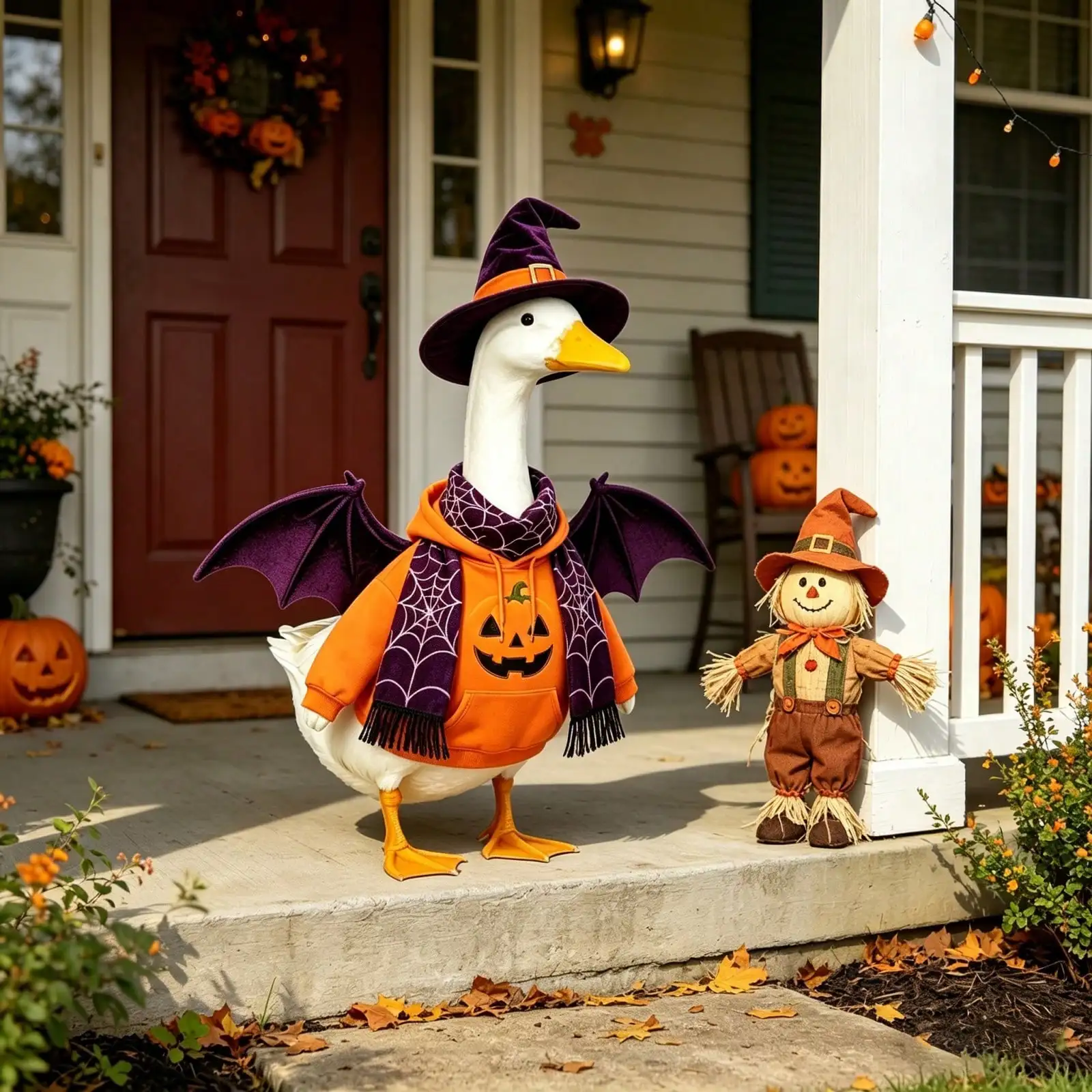 Halloween Jack O Lantern Print Hoodie Goose Outfit For Lawn Porch Goose Statue, Pumpkin Face Drawstring Hooded Sweatshirt, Purple Spider Web Tassel Scarf, Detachable Purple Bat Wings Velvet Witch Hat, Spooky Autumn Front Yard Outdoor Decor Costume