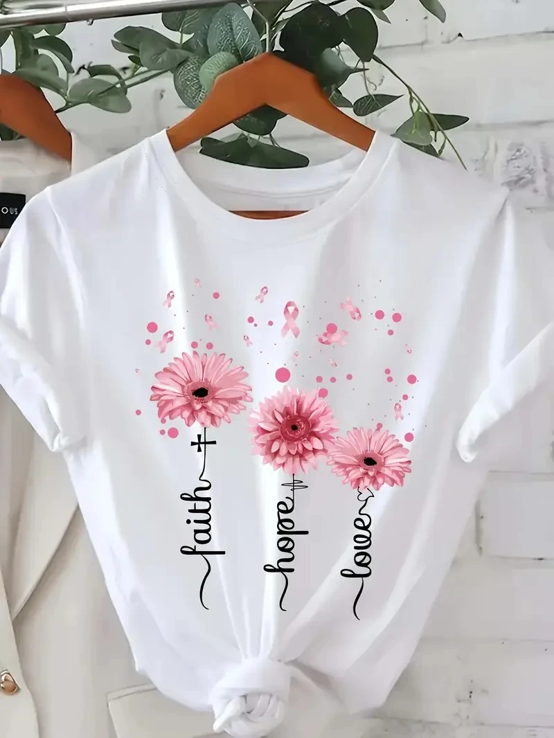 

Женская футболка больших размеров с цветочным принтом Faith и буквенным принтом, повседневный топ с круглым вырезом и короткими рукавами, всесезонный комфортный крой, летняя мода