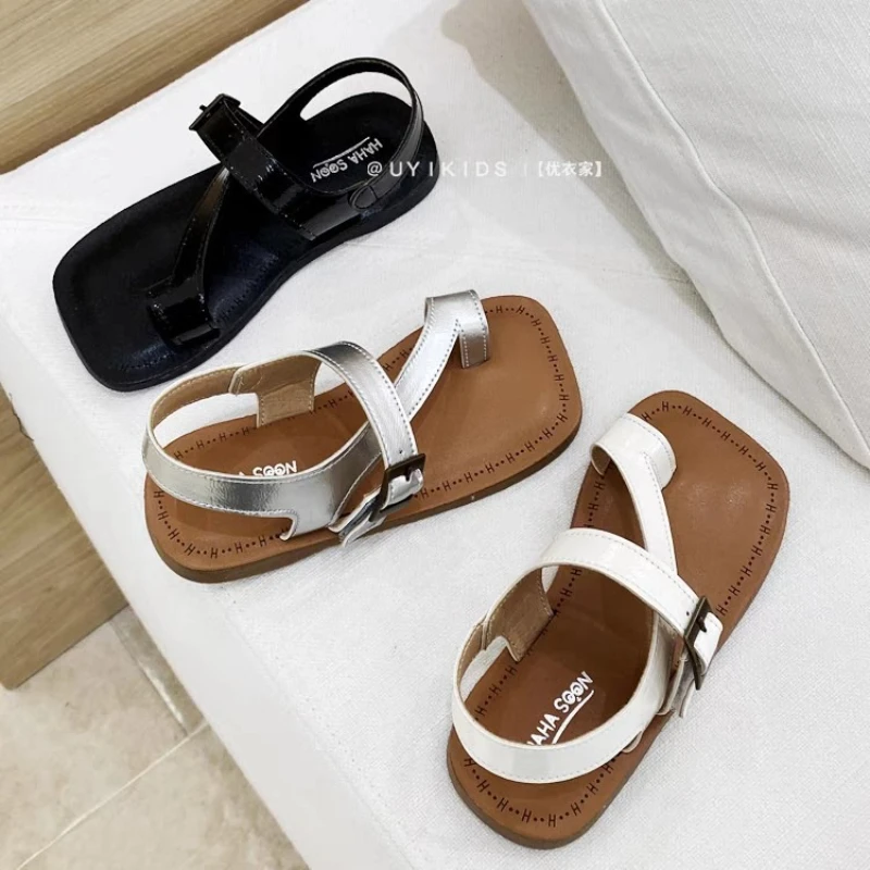 

2025 Summer New Girl's Square Head Flat Sandals Fashion Versatile Kids Flip Flops Simple Anti Slip Child Beach Shoes Босоножки