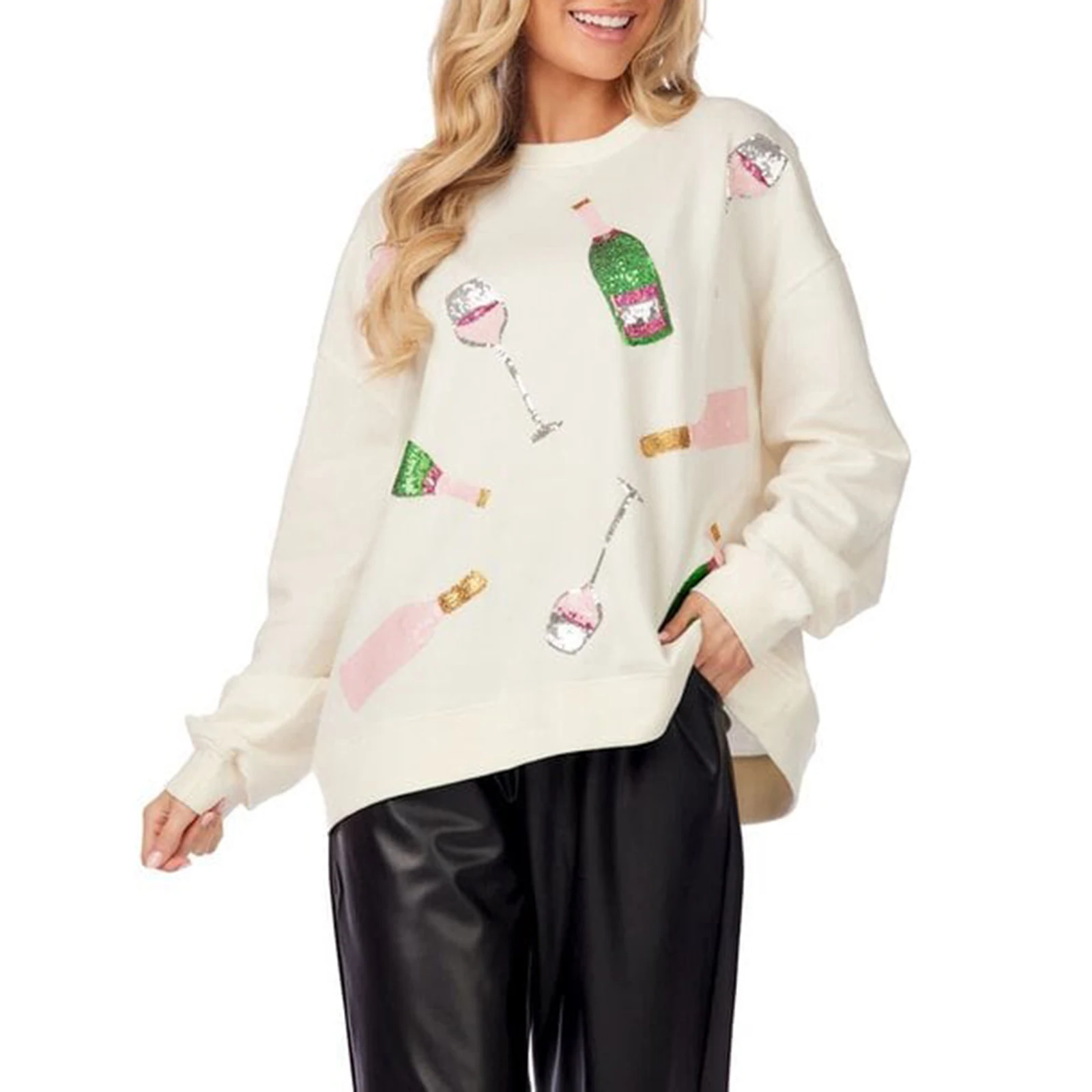 Women’s Christmas Sweatshirts Glitter Wine Glasses Print Long Sleeve Crew Neck Pullovers Oversized Tops