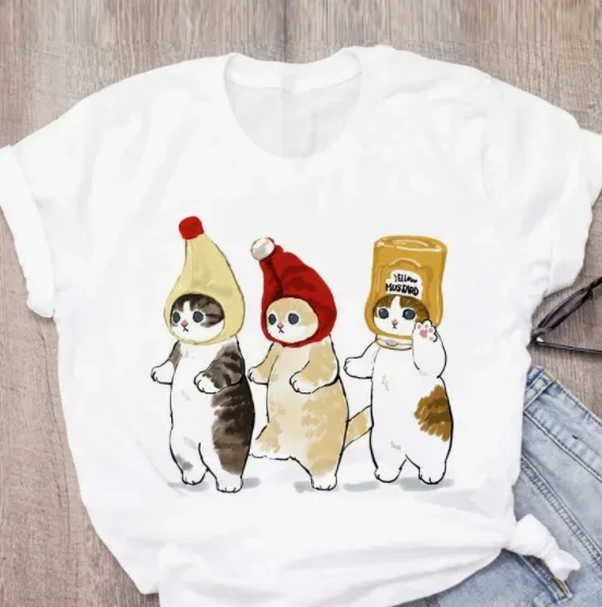 NB16 Women T-shirt Cute Cat Funny Cartoon T-shirt T-shirt 90s Print T-shirt Fashion Aesthetic Top Tee Female