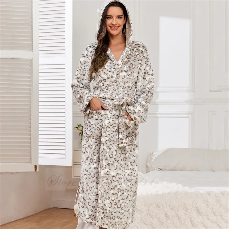 Zimowy zagęszczony flanelowy długi szlafrok bielizna nocna damski szlafrok Kimono z kapturem luźny koralowy polar domowy szlafrok Loungewear