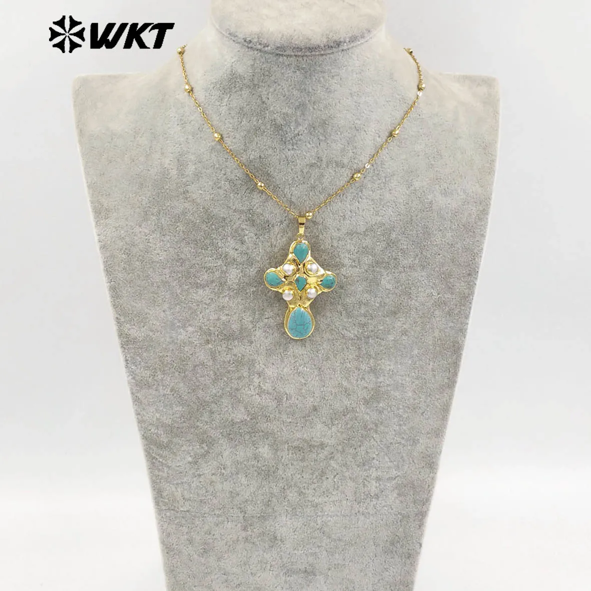 

WT-JN297 Brand New Product Elegant 18K Gold Plated Pearl Turquoise Cross Unisex Pendant Necklace Fashion Jewelry Accessories