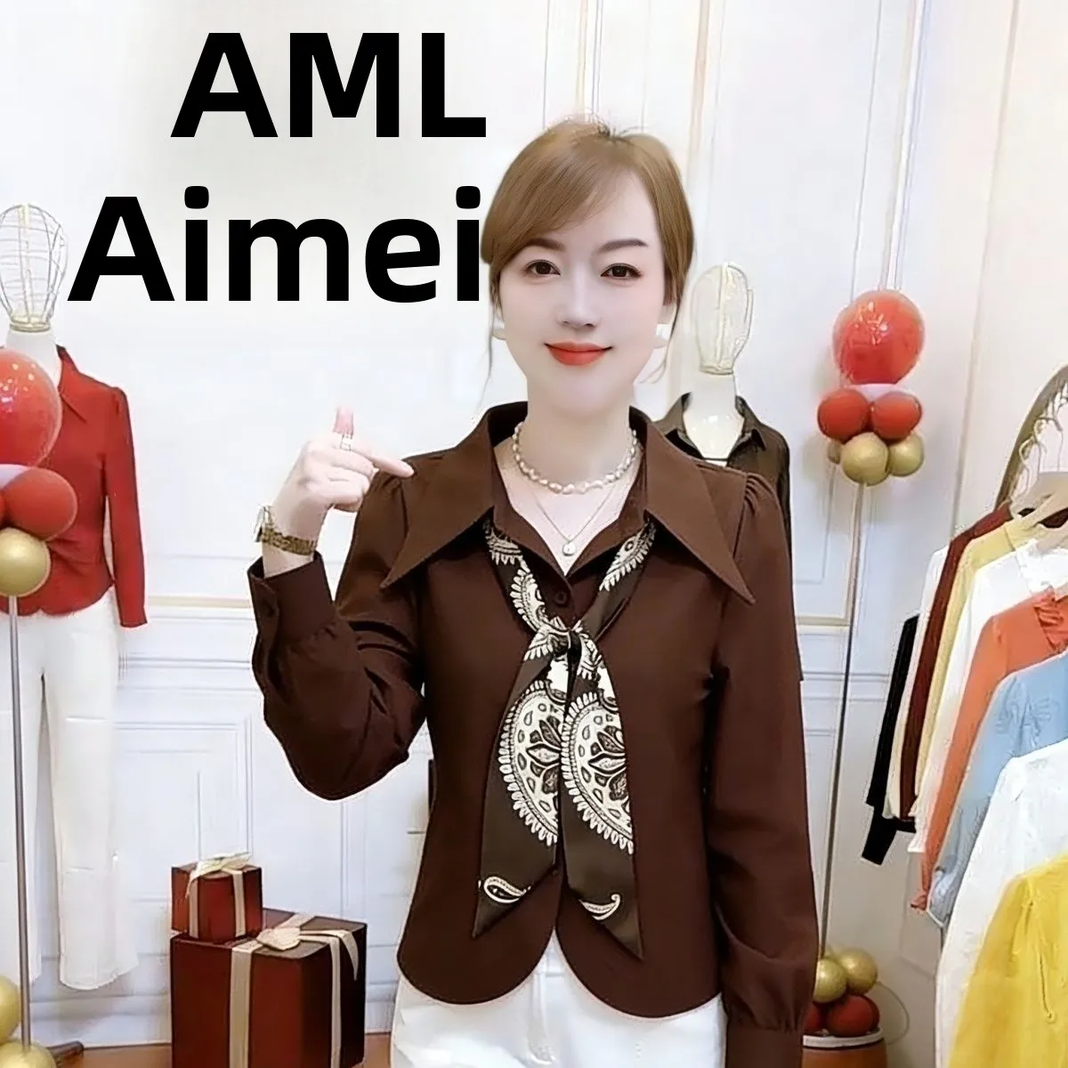 

Spring New Style Long Sleeve Shirt with Silk Scarf Casual Loose Fit Women's Top Polyester Fiber A-Line Outerwear for Daily Wear