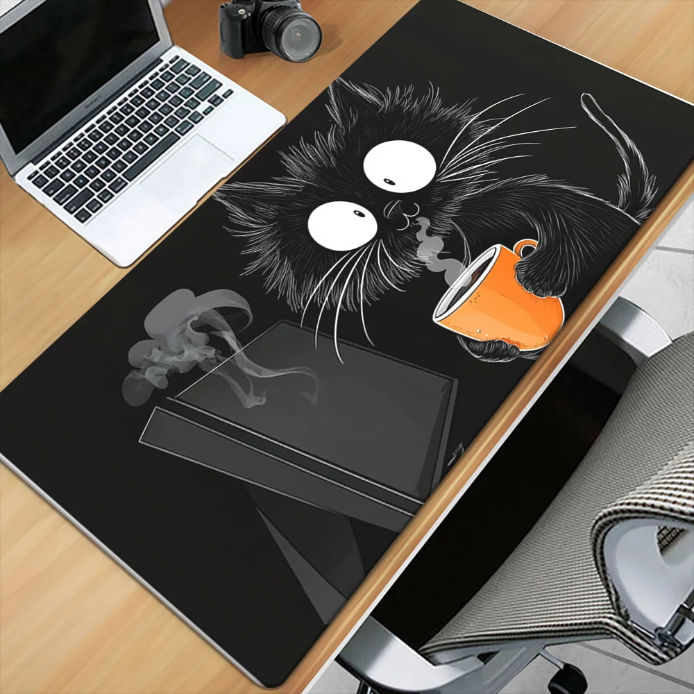Funny Black Cat Drinking Coffee Graphic Extended Mouse Pad Large Rubber Non-Slip Desk Mat for Gaming PC Laptop