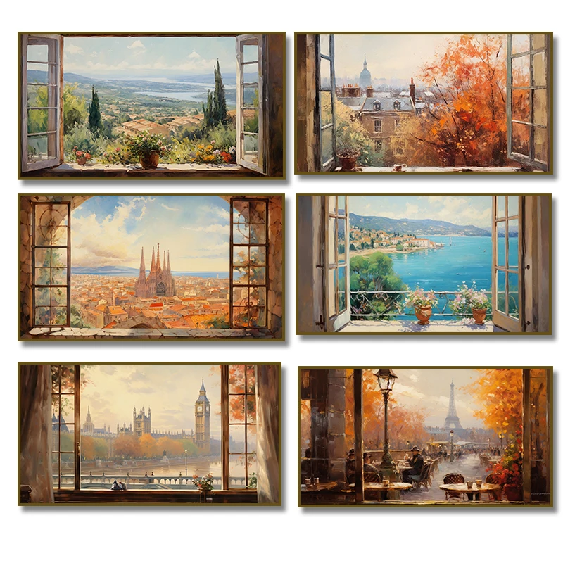 Famous City Window View Vintage Tuscany New York Paris Barcelona Landscape Poster Canvas Painting Print Living Room Home Decor