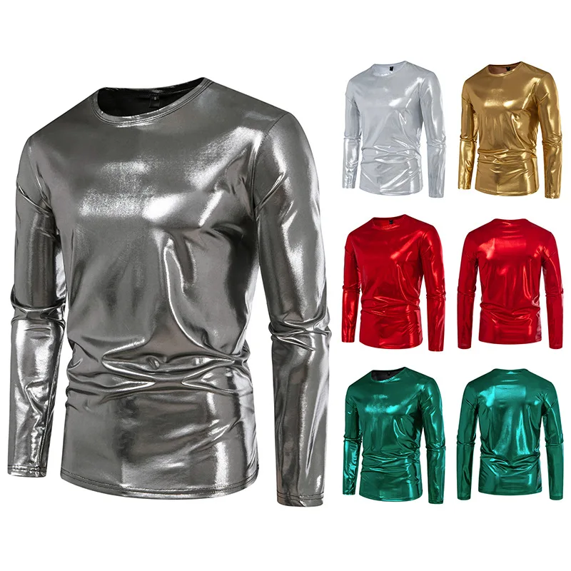 Men's Fashion Trend Party Stage Glossy Long Sleeve Crew Neck T-Shirt Fashion Youth Trend