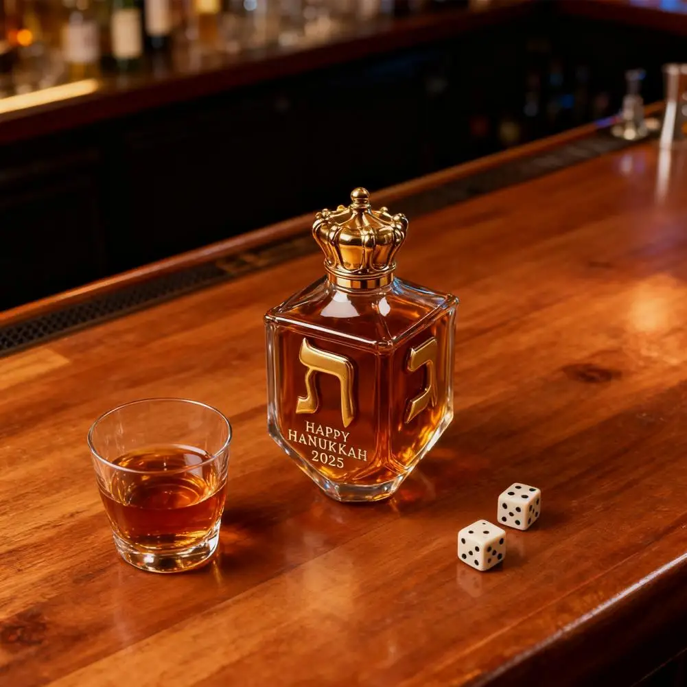 Jewish Holiday Gift Faith-inspired Whiskey Bottle Hanukkah Whiskey Decanter Set with Gold Glass Bottle Engraved Dreidel Symbols