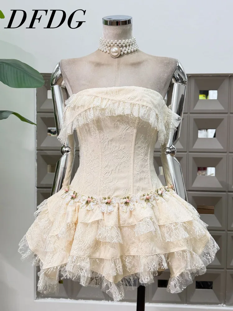 DFDG Women’s 2025 Spring Summer Designer Lace Tiered Dress Hollow Asymmetrical Hem Chic Holiday Party Tube Topless Party Dress