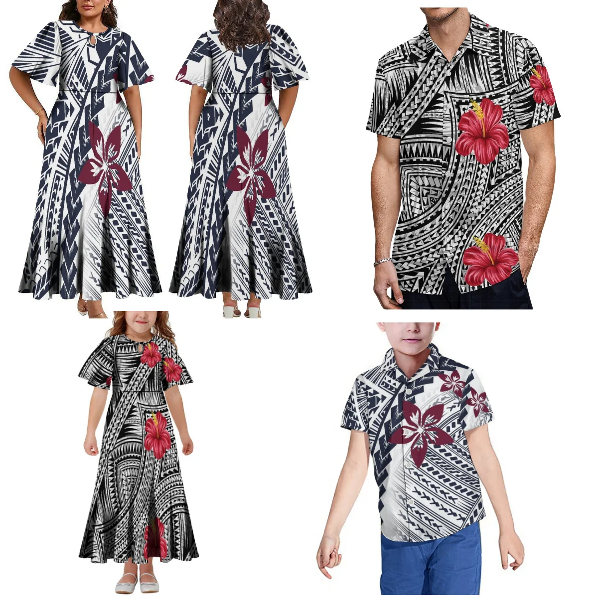 samoa-Fiji Family Set Women'S Dress Cocktail Maxi Dress Polynesian Design 3d Hd Pattern Hawaiian Men'S Aloha Shirt