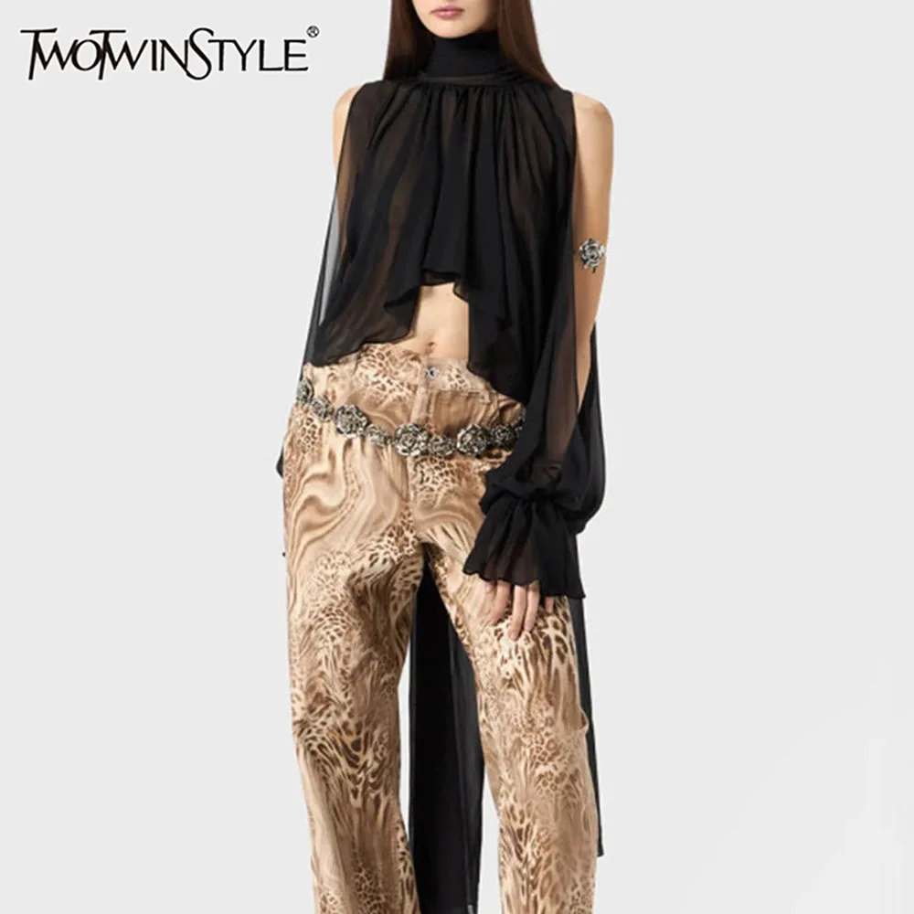 

TWOTWINSTYLE Loose Sheer Spliced Folds Irregular Blouses for Women High Neck Long Sleeves Split Elegant Blouse Female Fashion