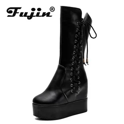 Fujin 10cm skóra z mikrofibry buty na koturnie jesienne buty pluszowa buty do kolan kobieta pluszowa nowoczesna moda zimowa na ukrytym obcasie