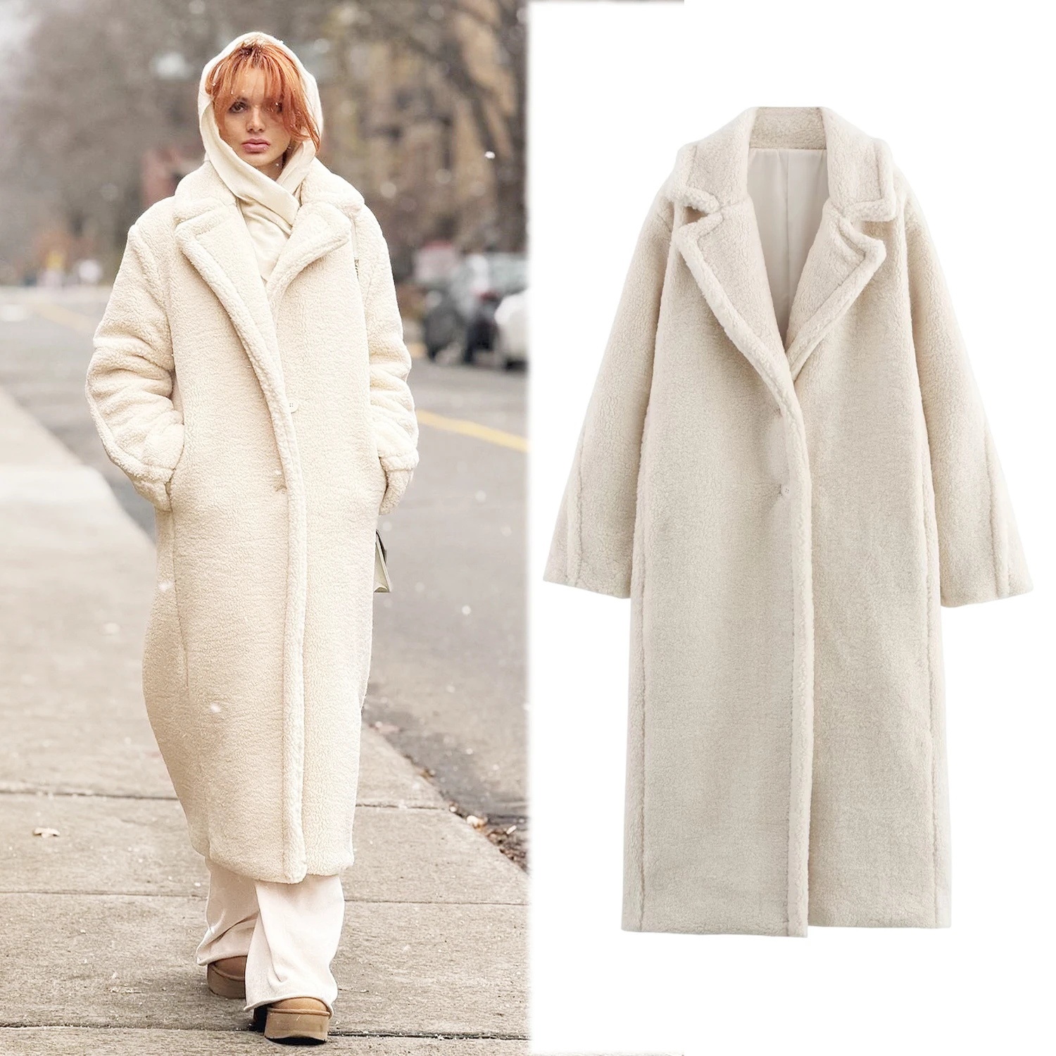 

PB&ZA Women's 2024 Autumn/Winter New Coat with Collar, Fleece, Warmth, Single breasted, Multi color Commuter Style Long Coat