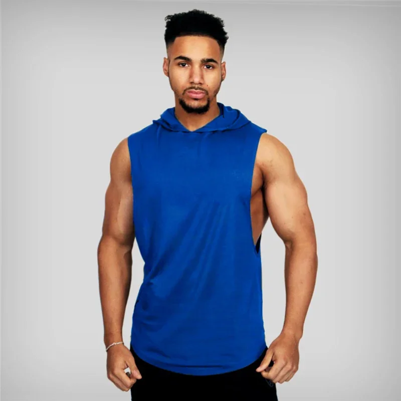 Summer New Brand Solid Color Casual Fashion Hooded Mens Gym Sports Bodybuilding Fitness Workout Tank Top