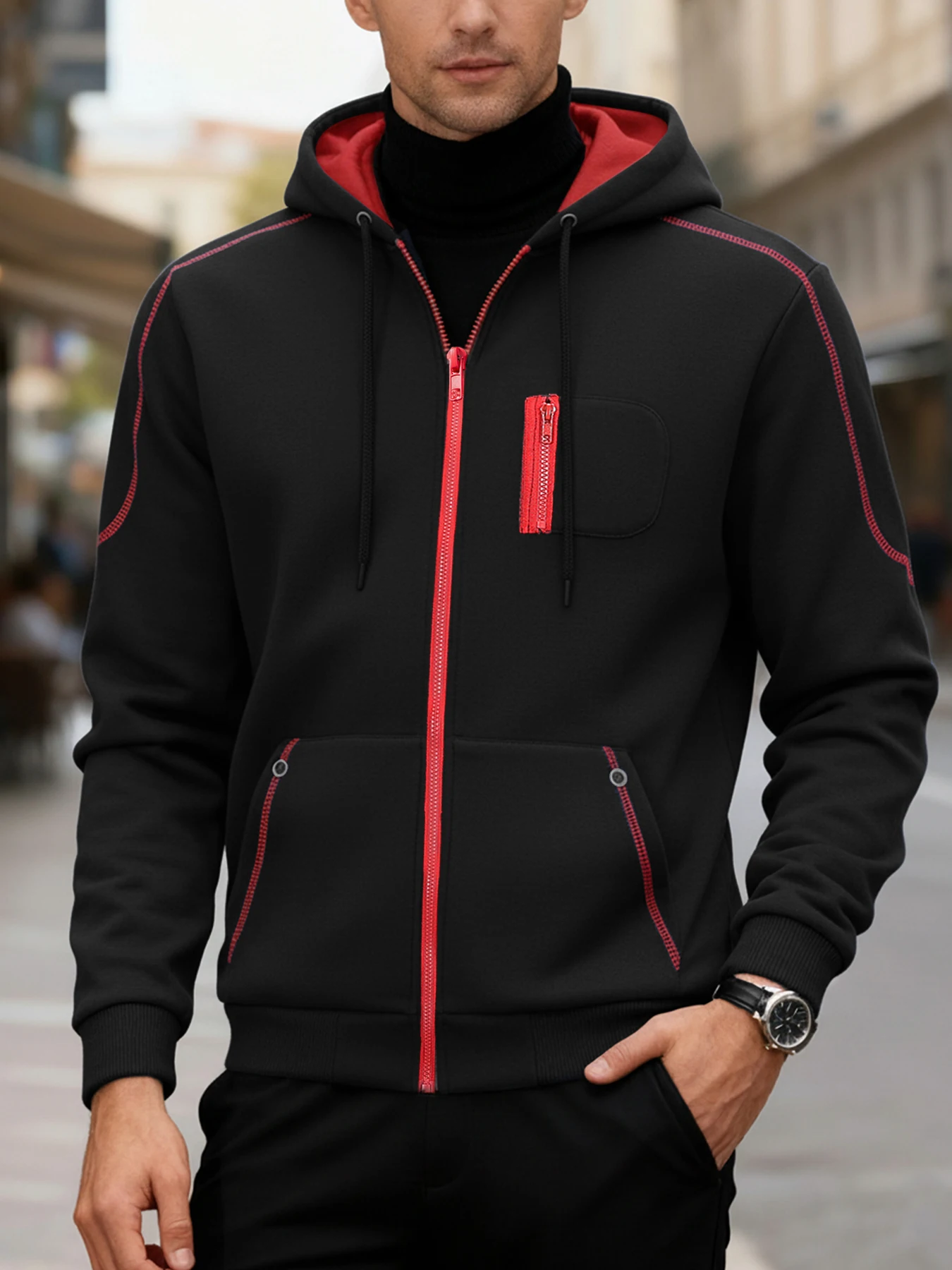 เสื้อแจ็คเก็ตผู้ชายแขนยาวแบบมีฮู้ด สไตล์สปอร์ต ลำลอง สำหรับฤดูใบไม้ผลิและฤดูใบไม้ร่วง มีซิป เหมาะสำหรับกิจกรรมกลางแจ้ง ชุดลำลอง ชุดกีฬา สตรีทแวร์