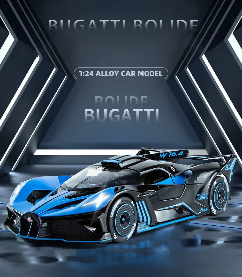 1:24 Bugatti Bolide Supercar Diecast Alloy Luxury Car Model Sound and light Pull Back Car For Children Toys Collection Gift