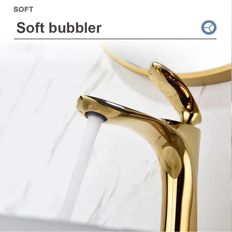 Brass Basin Faucet, Single Lever Hot Cold Mixer Tap, Bathroom Sink Tap with Soft Bubbler, Gold/Chrome/Black Finished
