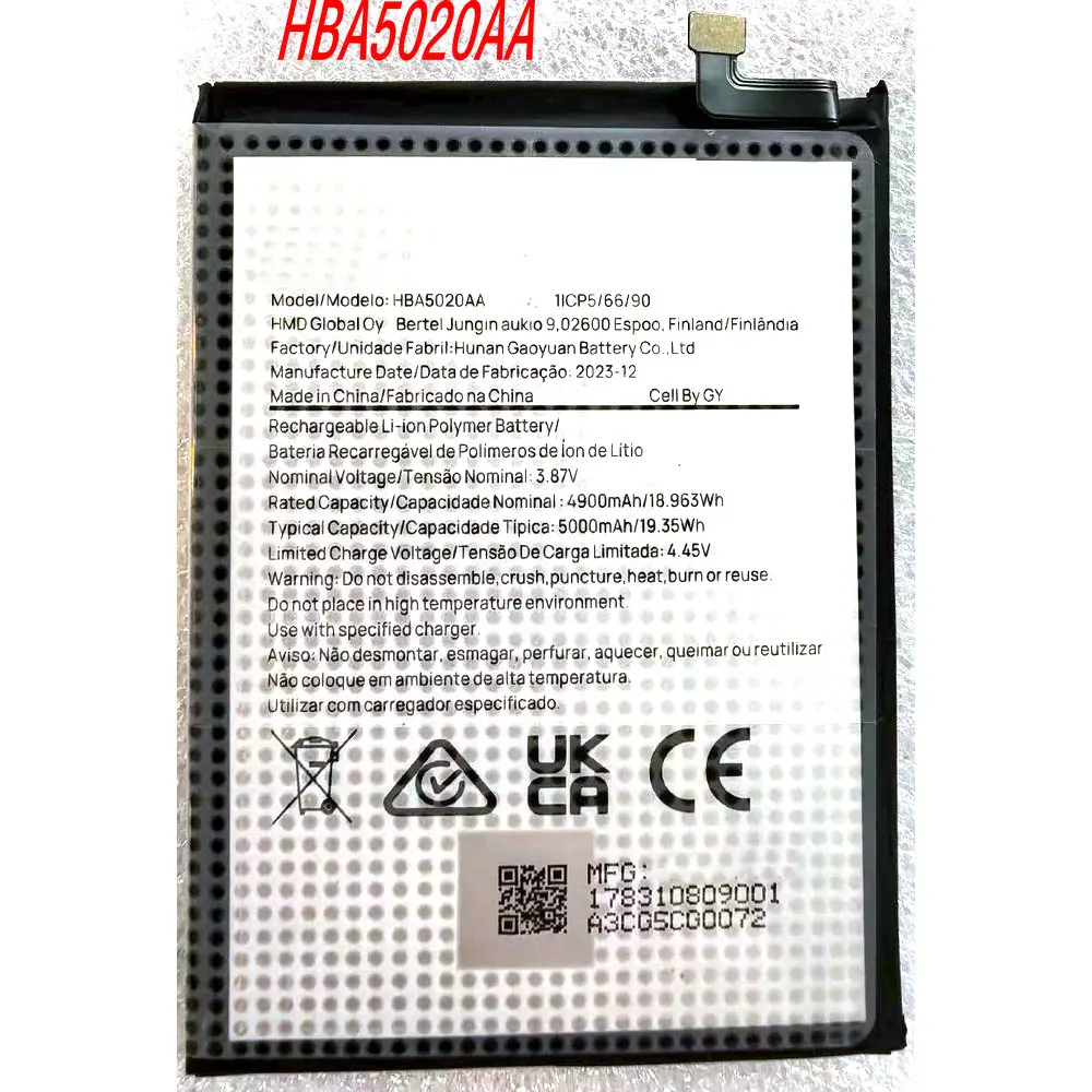 

3.87V 5000mAh New HBA5020AA Battery For HMD Pulse+ /Pulse Pro / Pulse Fusion/Crest/Crest Max Mobile Phone 1ICP5/66/90