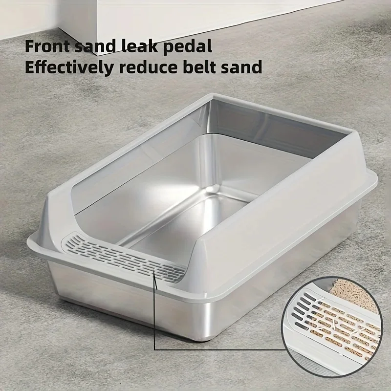Semi-enclosed Stainless Steel Cat Litter Box, Anti Splash Anti Leak Design with Removable Lid, Large Capacity Litter Pan for Big