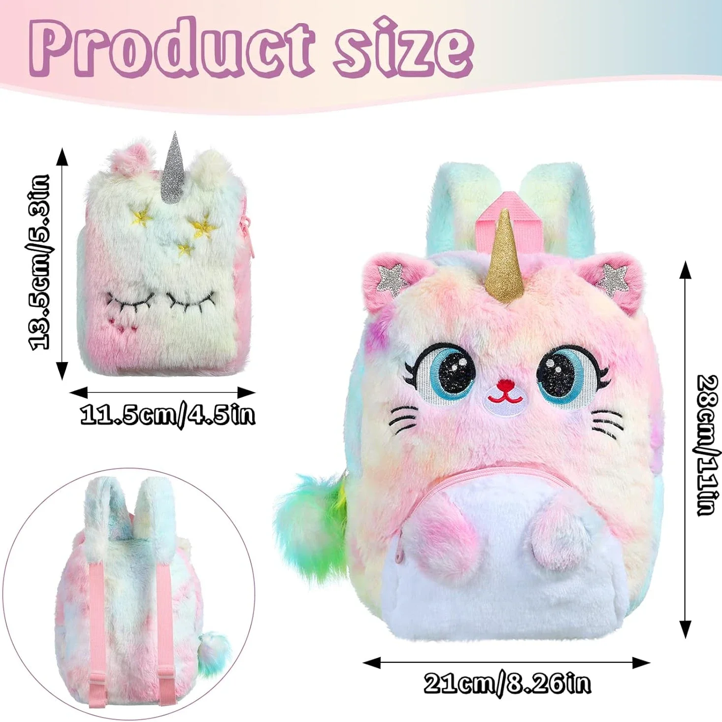 Unicorn Cat Backpack Purse Set Kawaii Cute Colorful Unicorn Cat Kitty Shoulder Bag Gift Set for Toddler Girls