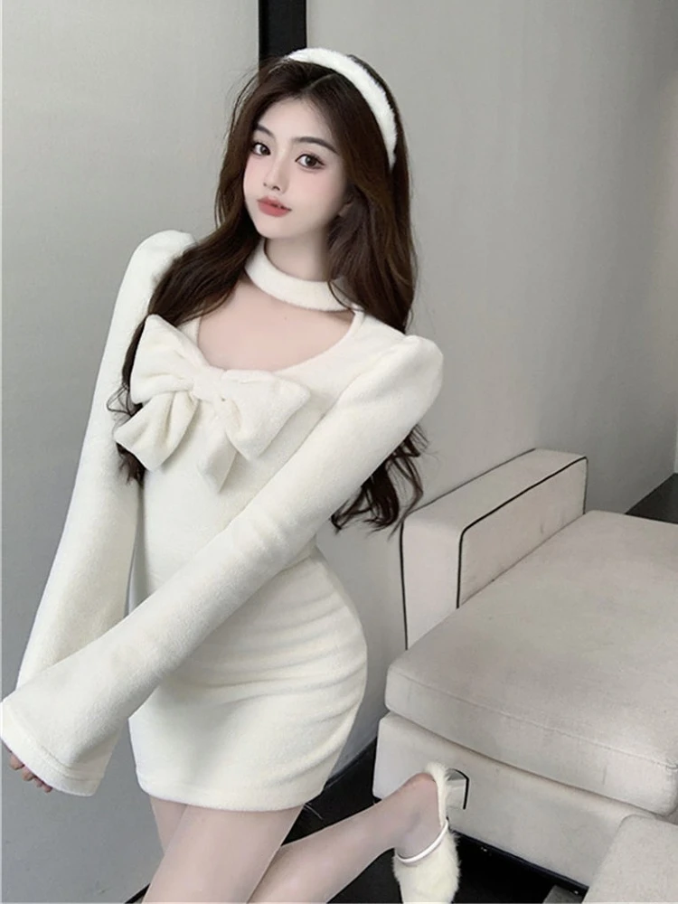 Mini Robe Blanche Kawaii à Manches sulfpour Femme, Tenue de Soirée Sexy, de Styliste, Chaude, Découpée, Chic, Slim, Hiver 2022