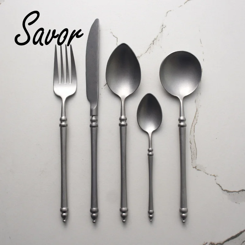 Retro Scrub 304 Stainless Steel Flatware Kitchen Cutlery Steak Knife Fork Spoon Dessert  Vintage restaurant