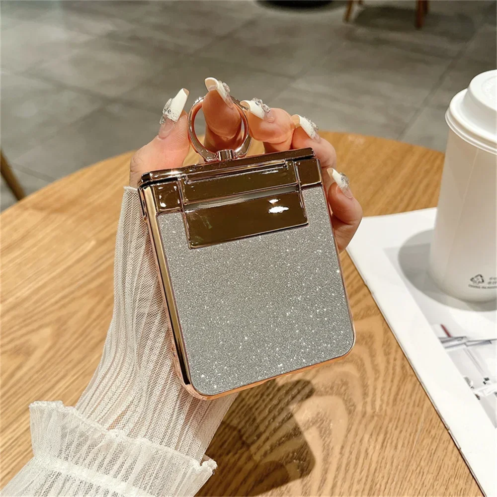 Glitter Ring Holder Stand Case for Samsung Galaxy Z Flip 6 5 4 3 ZFlip flip4 Flip5 Bracket Bling Diamond Gradient Plating Cover image 4