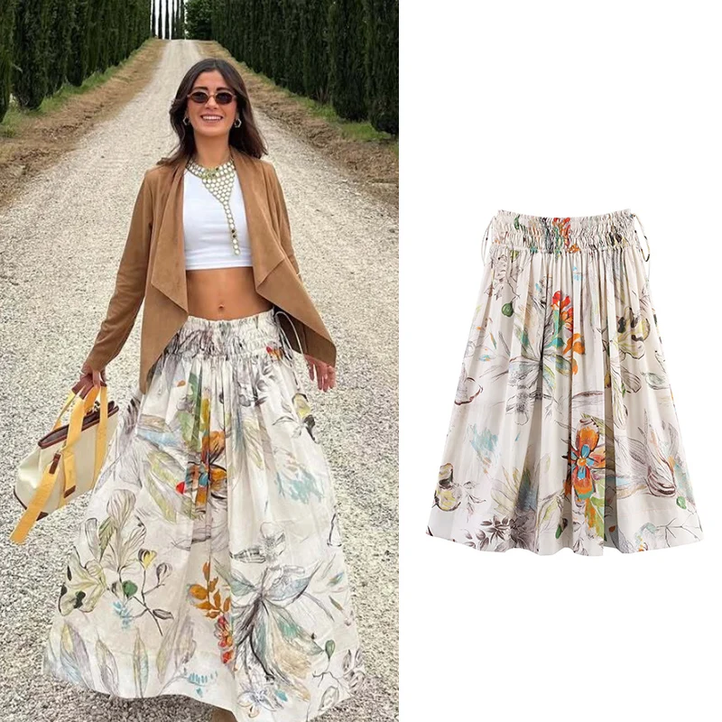 

Summer Skirts Women's 2025 New Chic Print Elegant Elastic Waist Women's Skirts Fashion Street Holiday Skirts