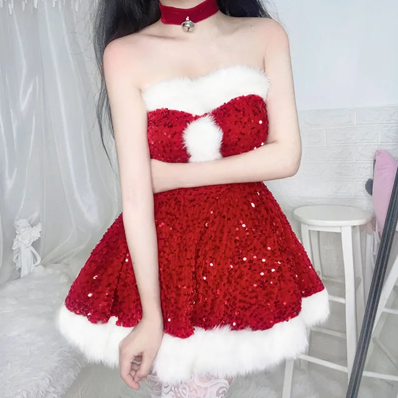 

Christmas Sexy Sequins Red Long Dress with Hat Neckwear Socks Full Set for Women Xmas Theme Party Winter Season Outfits