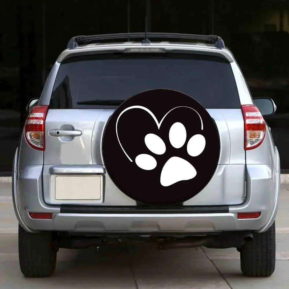 Pet Paw Spare Tire Cover,UV Sun Protectors Wheel Cover Heart Elegant Animal Footprint Black Tire Cover Universal Fit