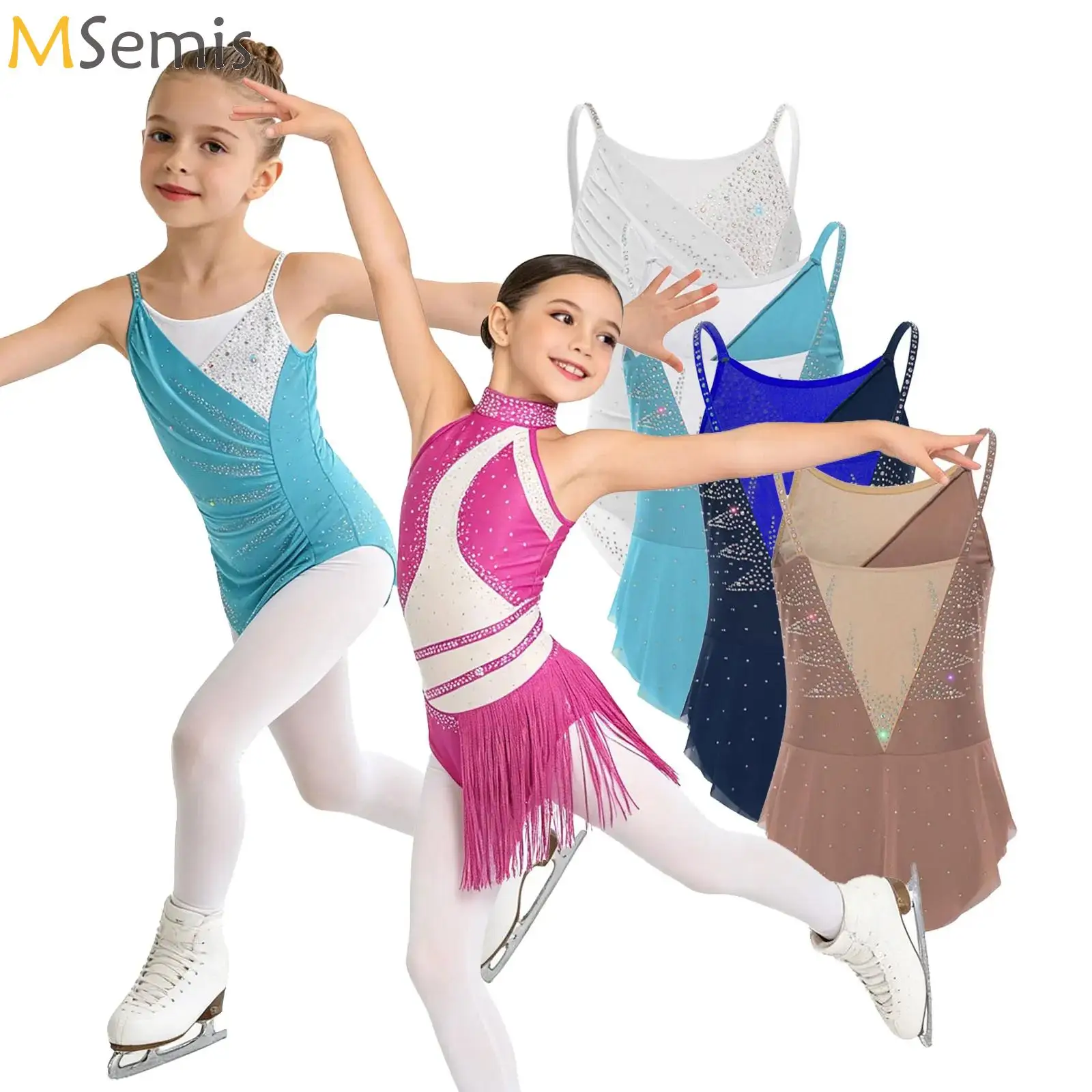 

Big Girls Ballet Gymnastics Fringed Dance Leotard Dress Glittery Rhinestones Color Block Figure Ice Skating Bodysuit Dancewear