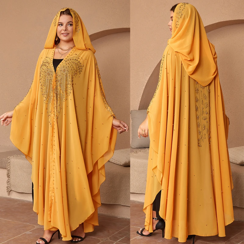 African Fashion Abaya Design Bazin Chiffon Long Sleeve Dashiki Dress For Women Muslim Beads Diamond Hood Kaftan Free Size Robe