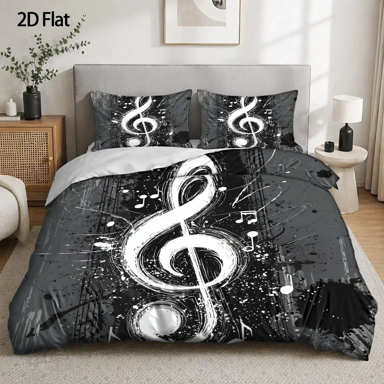 Three-Piece Fitted Sheet Set (Includes 1 Fitted Sheet + 2 Pillowcases) Mattress Protector Cover, Bed Sheet Set, White Music Symbol Theme, Abstract Graffiti Style, Music Festival, Multiple Sizes Available, Hotel-Style Mattress Protector