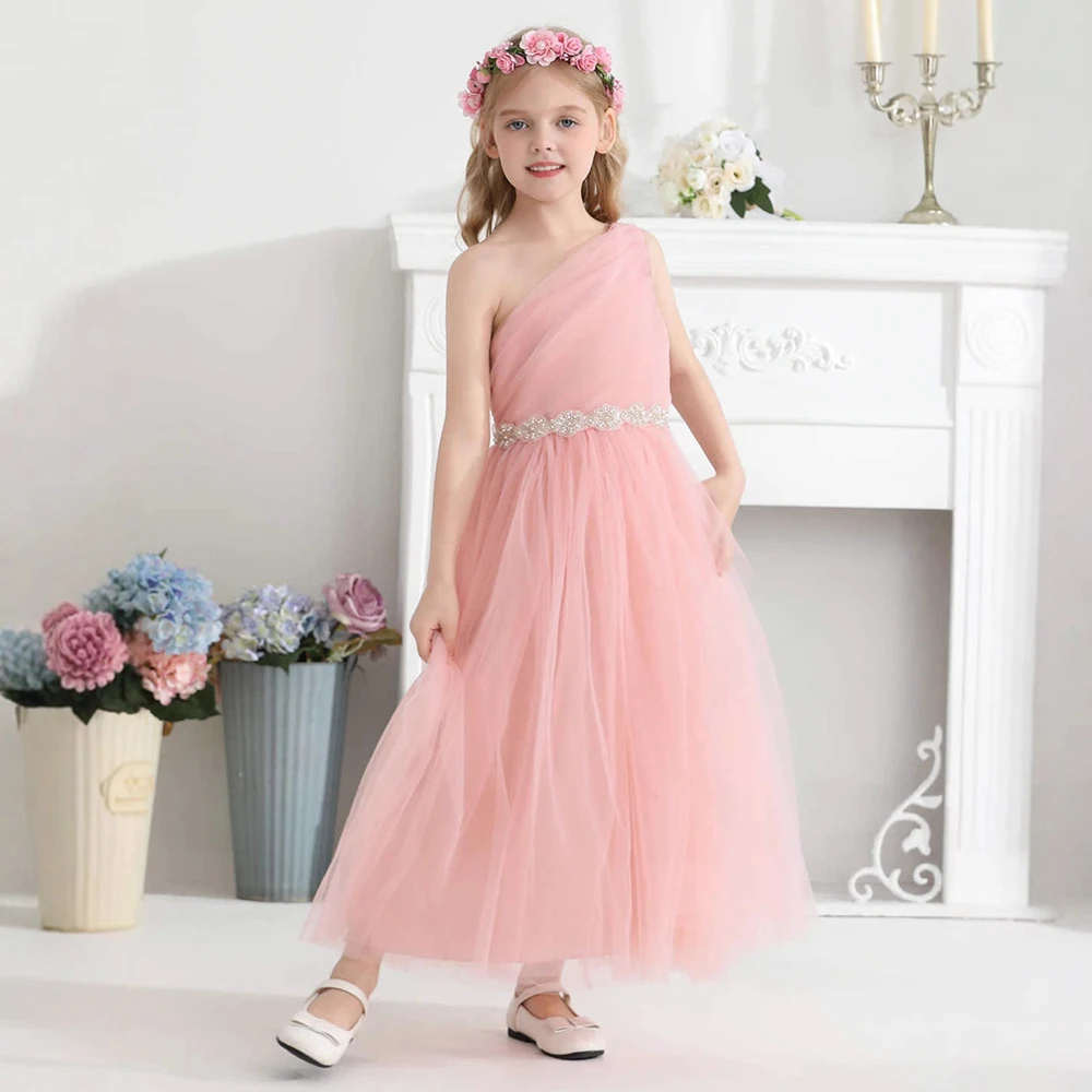Girls Pink One Shoulder Tulle Bridesmaid Dress for Teens Beach Boho Style Ruched Beaded Waist Belt Flower Girl Dress for Wedding