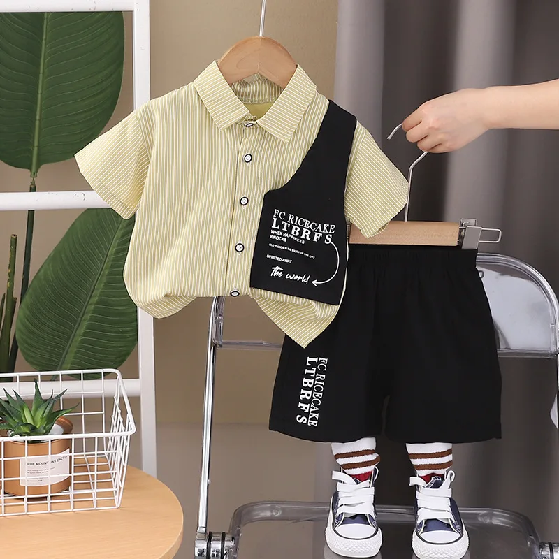 Western Baby Boys Boutique Clothing 2024 Summer Vertical Striped Turn-down Collar Short Sleeve Shirts and Shorts Boy Outfit Set