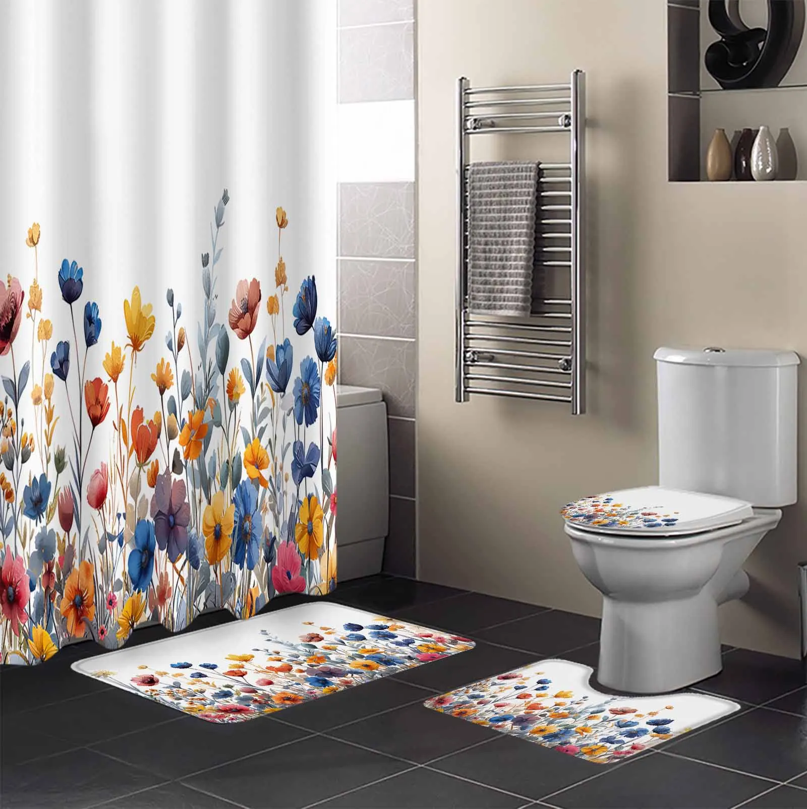 Flower Daisy Plant Leaves Shower Curtain Set Non-Slip Rugs Bath Mat Toilet Lid Cover Waterproof Bathroom Curtain