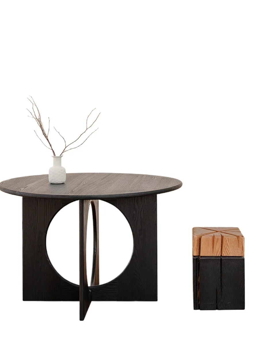 

Wabi Sabi Wind Round Solid Wood Dining Table Household Carbonized Black Round Table Ash Wood