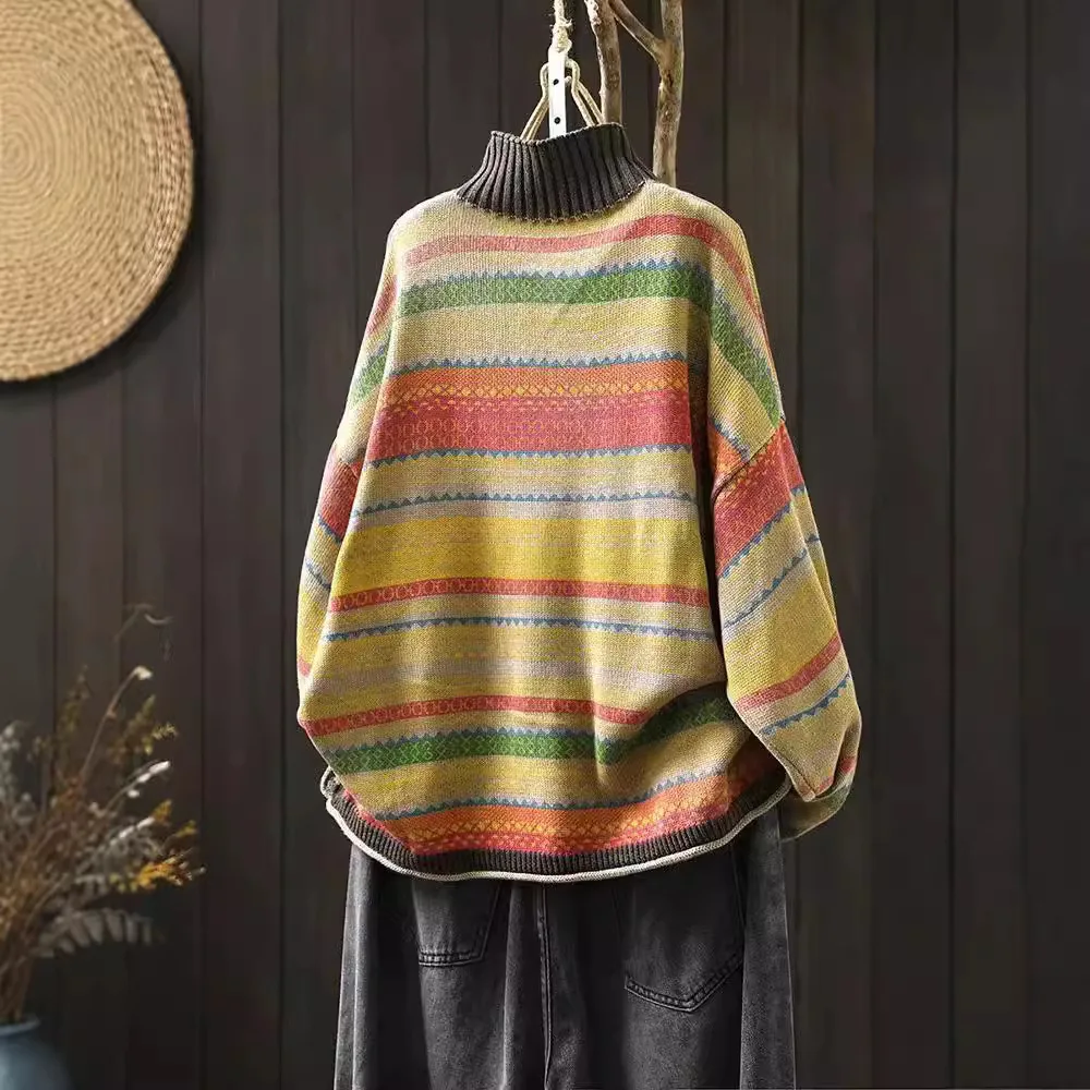 Classical Colorful Striped Turtle Neck Sweater For Women Korean Style Long Sleeve Loose Casual Knitwear Female Soft Cozy Tops