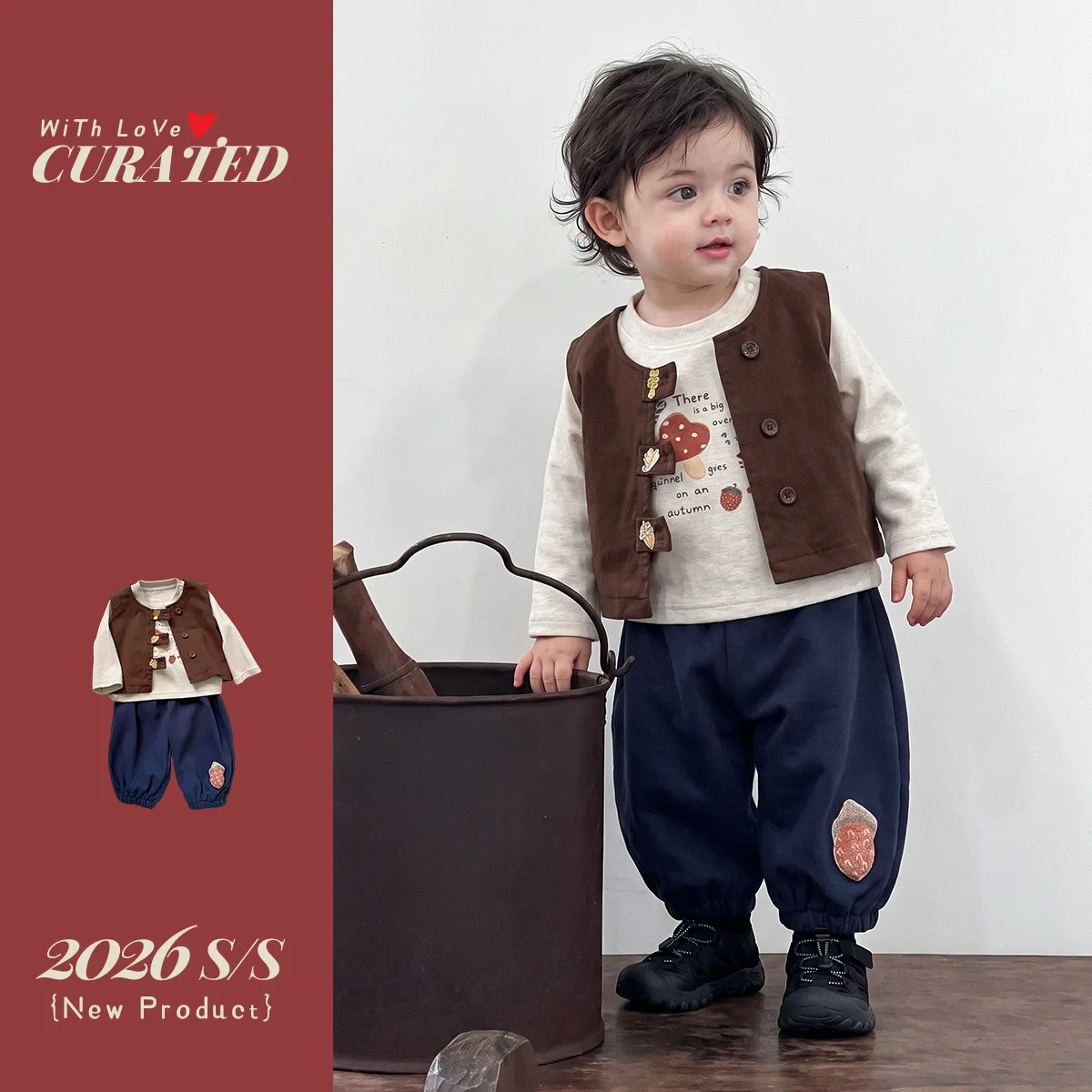 Autumn Korean Style Boys' Outfit Set - Little Boy Retro Embroidered Vest Cartoon Top & Casual Pants Three-Piece Set