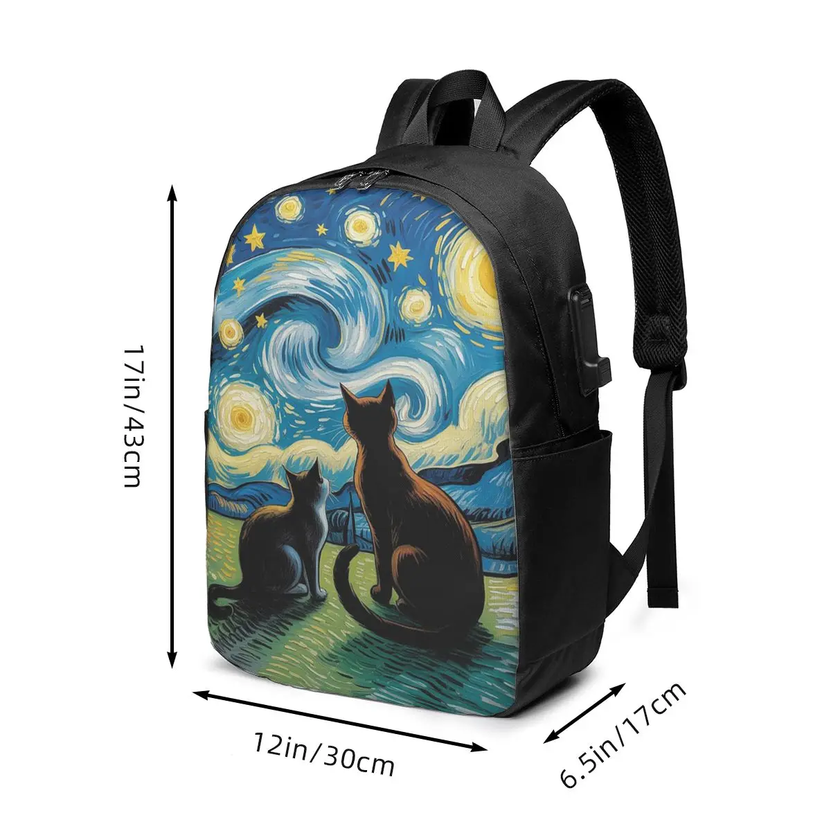 Van Gogh Inspired Starry Night Cat Backpack Travel Notebook Bag Computer College Student School Bag Laptop Shoulder Bags